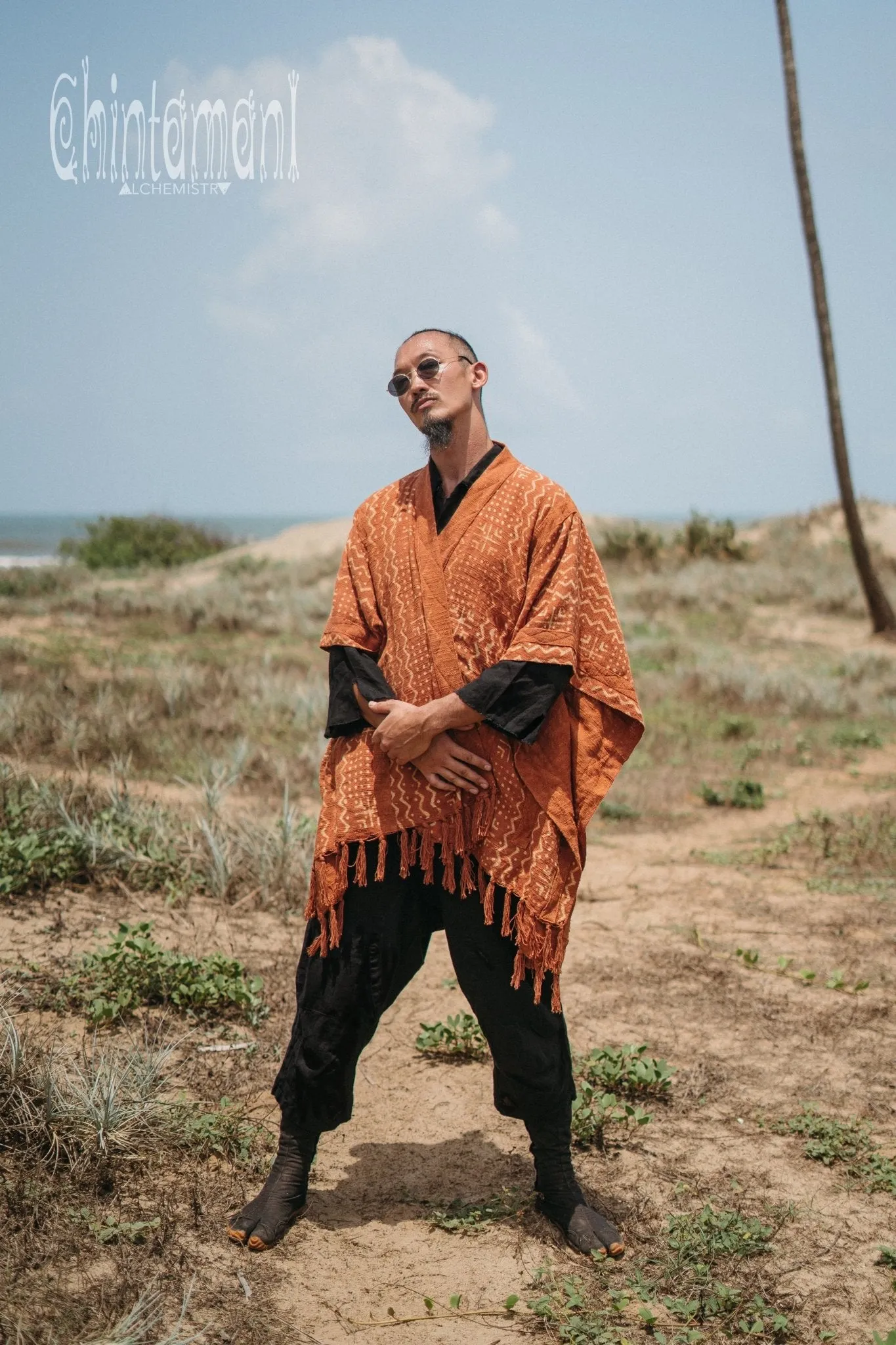 Blanket Poncho with Block Print for Men / Rust