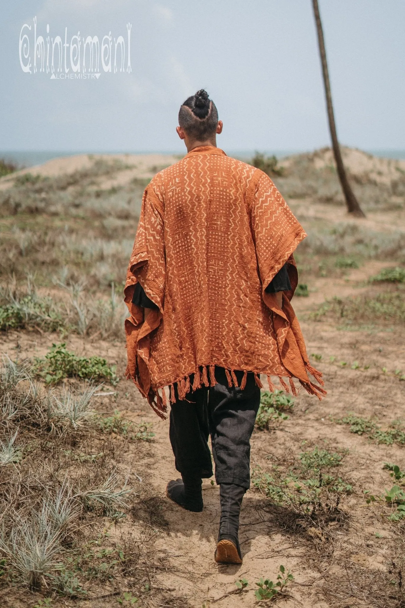 Blanket Poncho with Block Print for Men / Rust