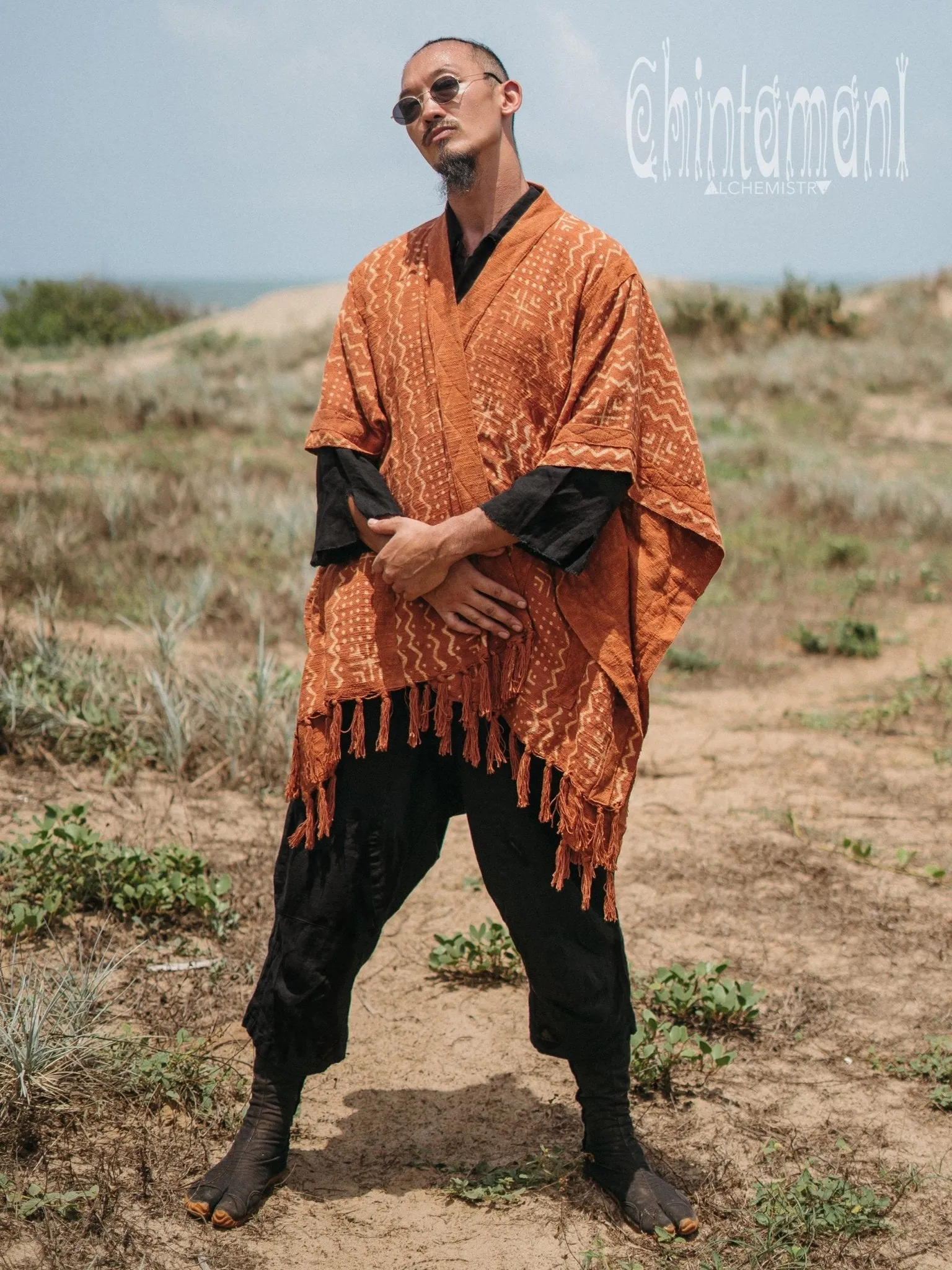 Blanket Poncho with Block Print for Men / Rust