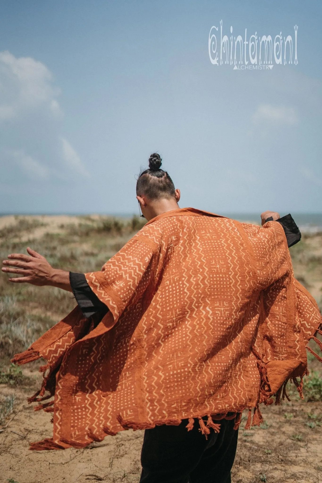 Blanket Poncho with Block Print for Men / Rust