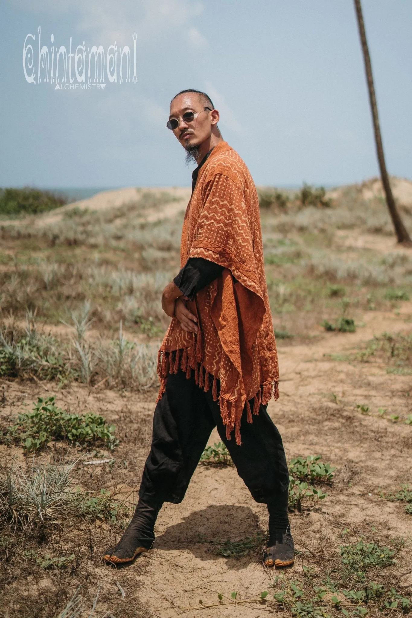 Blanket Poncho with Block Print for Men / Rust