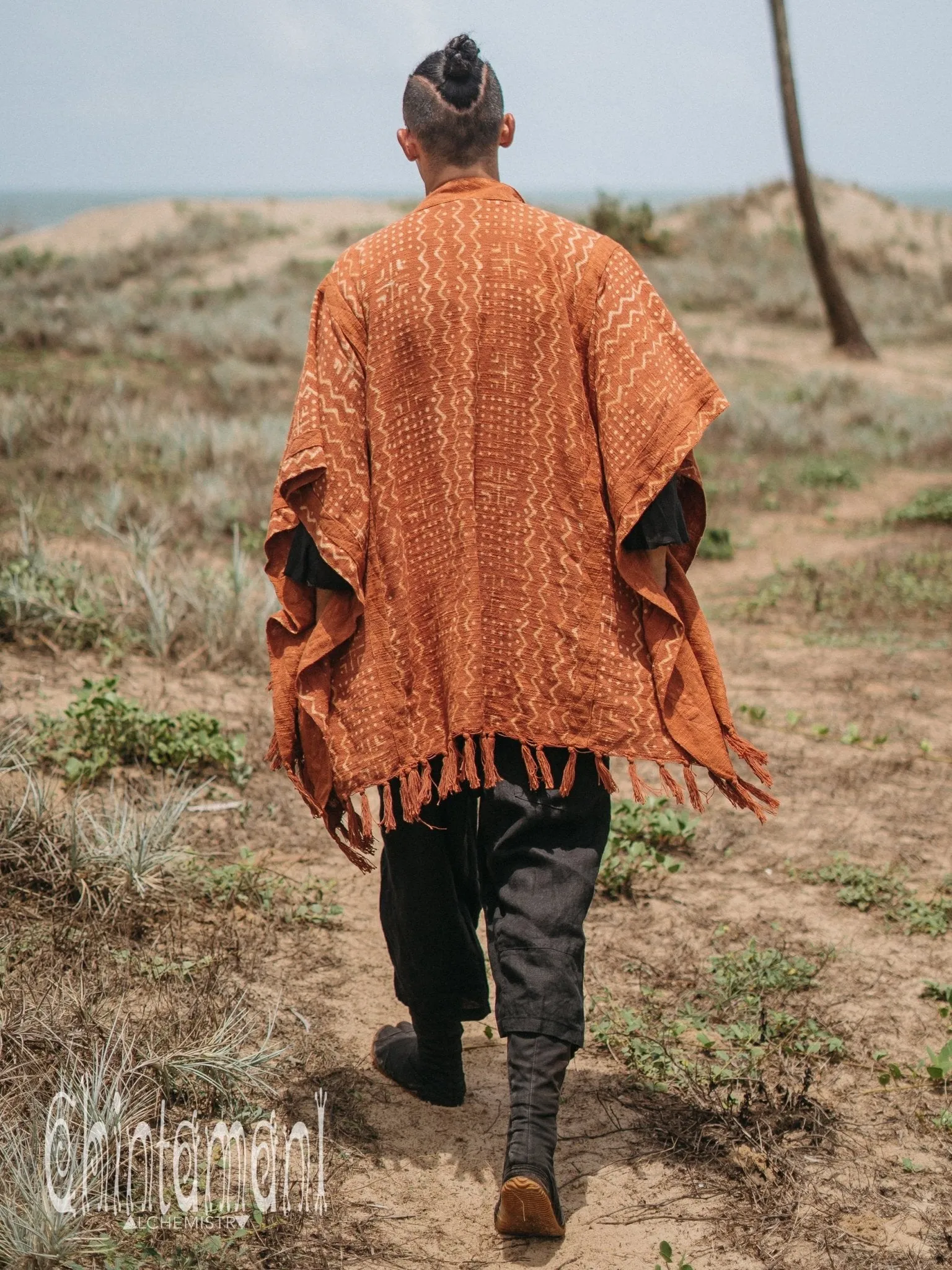 Blanket Poncho with Block Print for Men / Rust