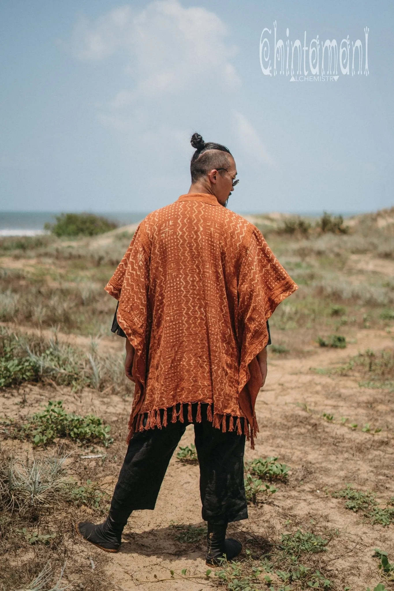 Blanket Poncho with Block Print for Men / Rust