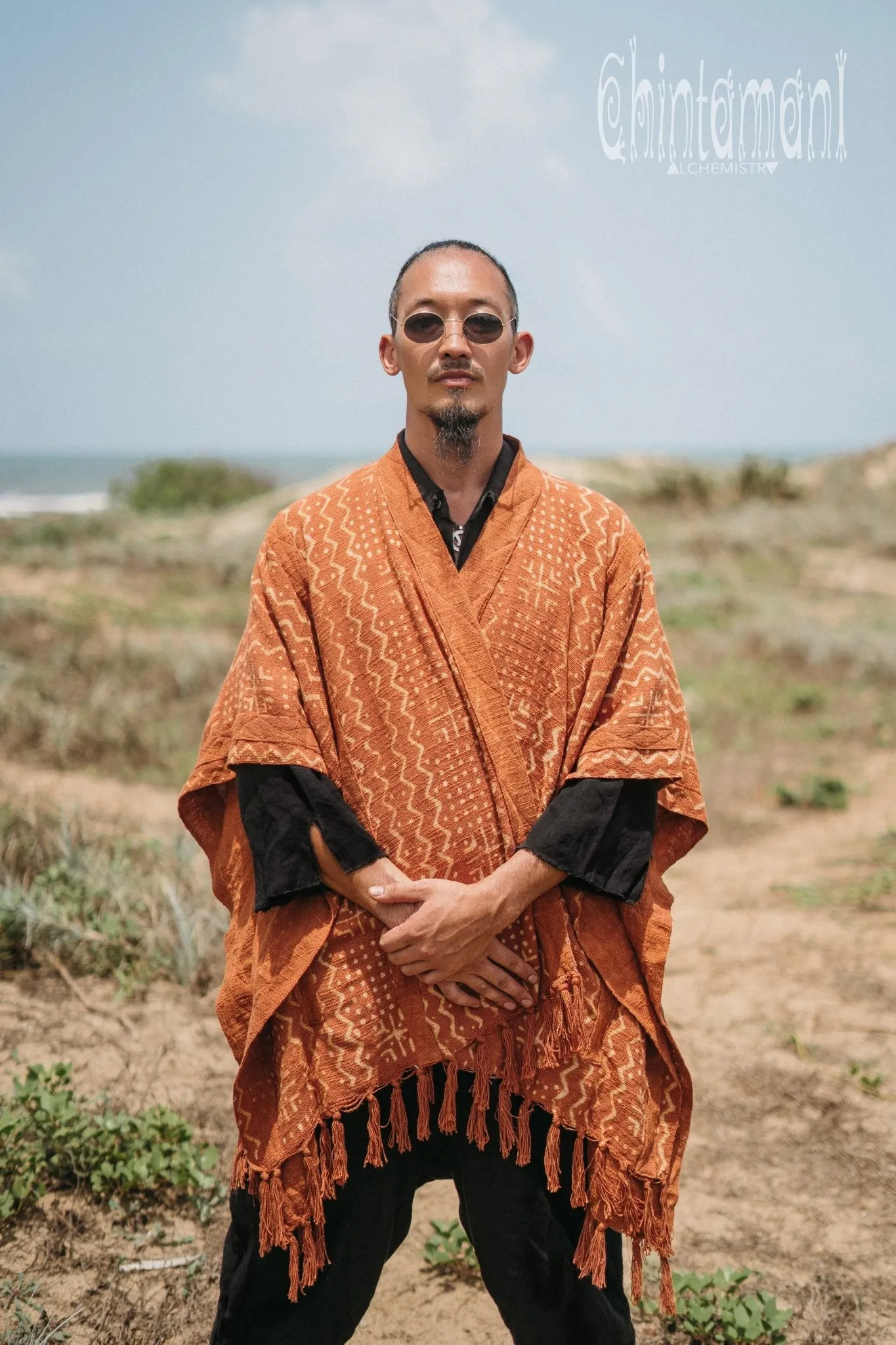 Blanket Poncho with Block Print for Men / Rust