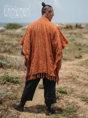 Blanket Poncho with Block Print for Men / Rust