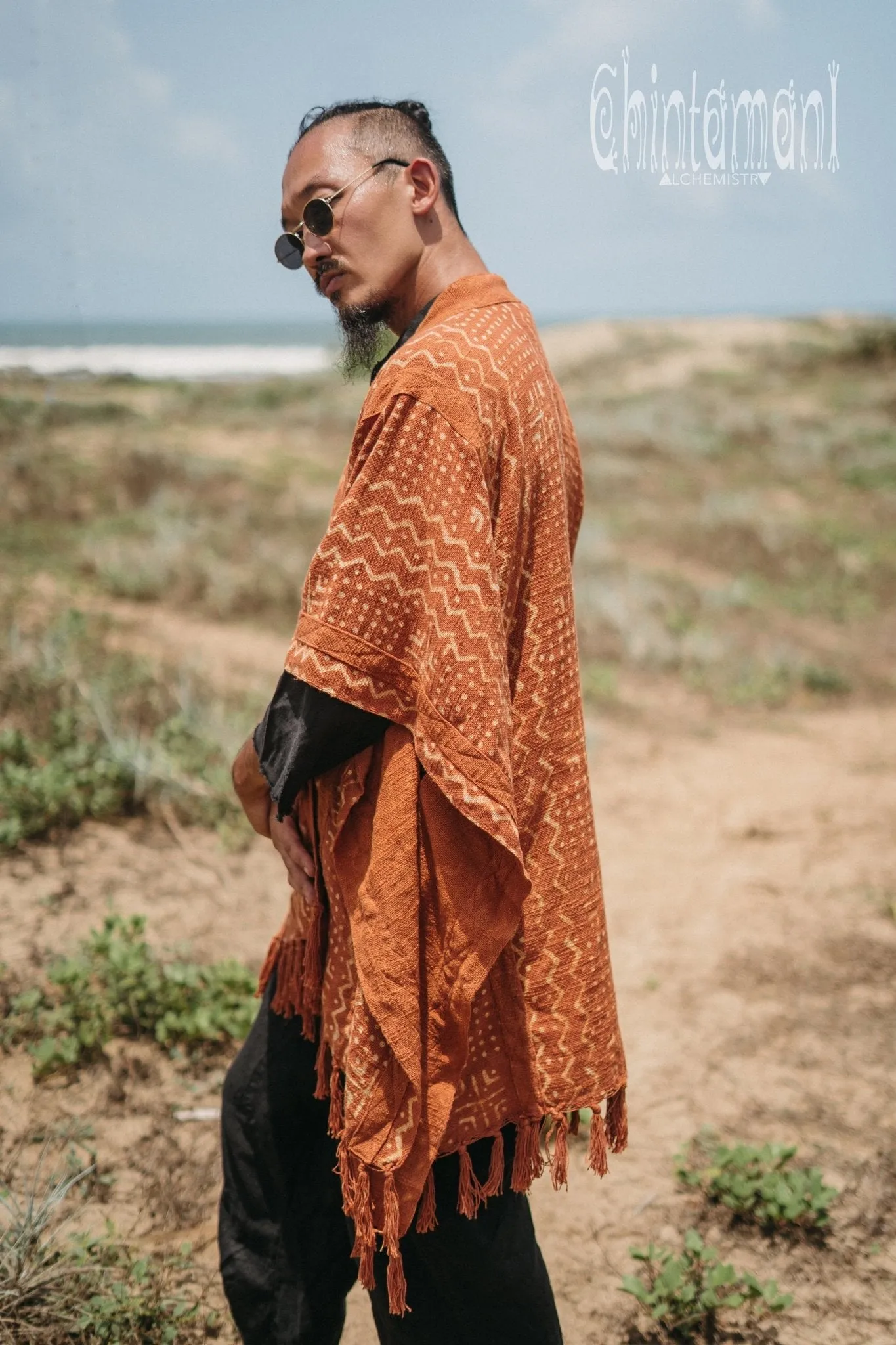 Blanket Poncho with Block Print for Men / Rust