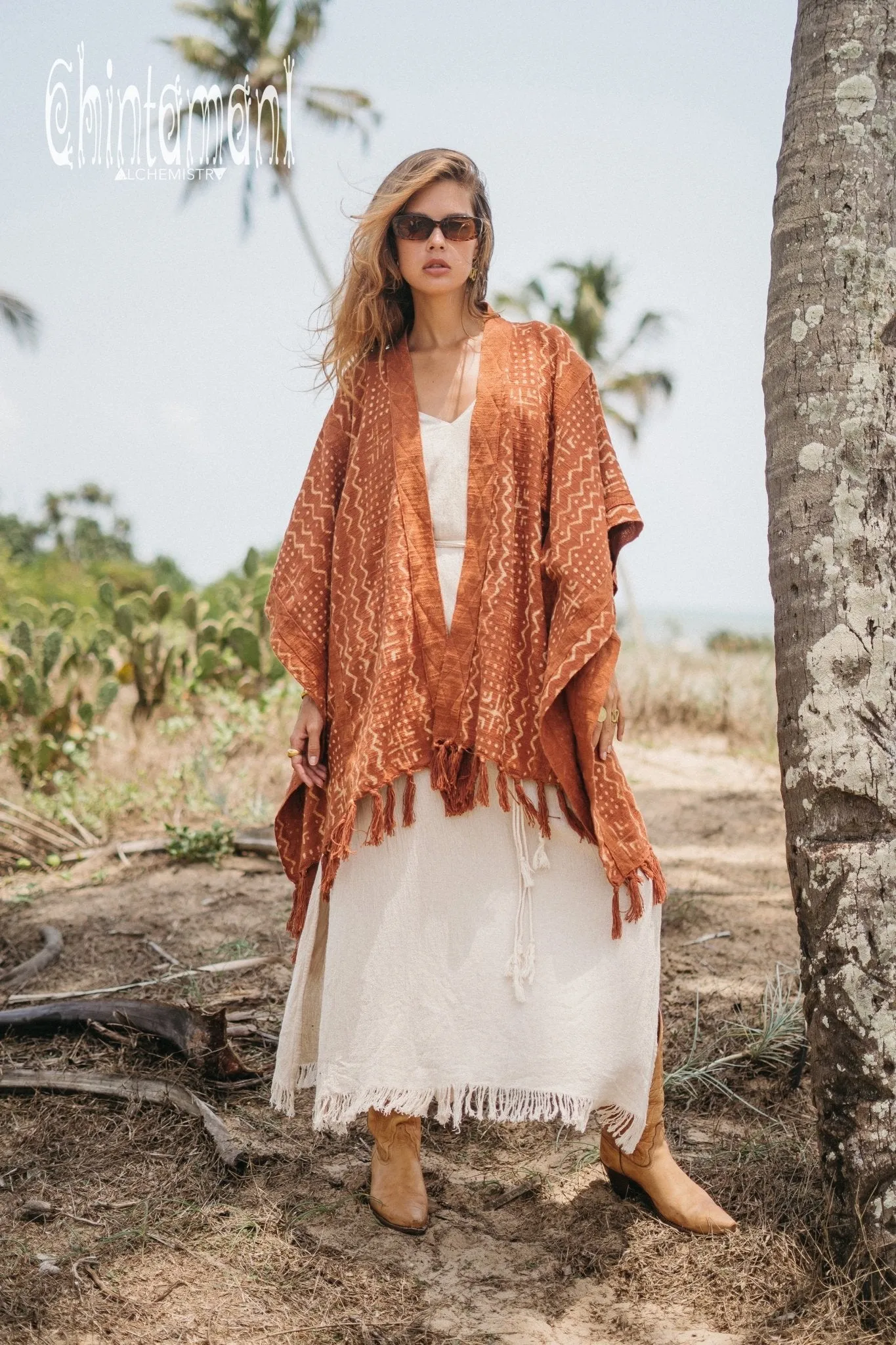 Blanket Poncho with Block Print for Women / Rust