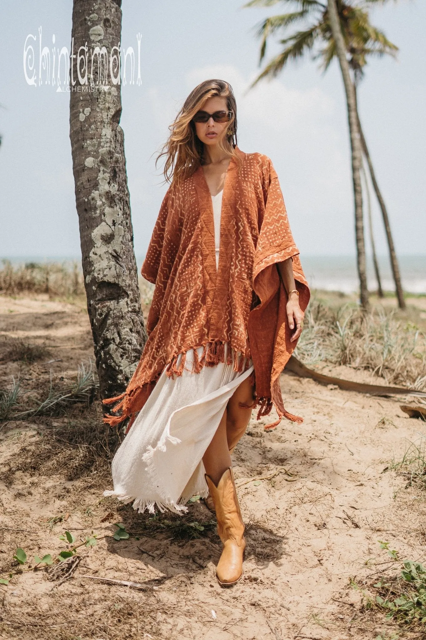 Blanket Poncho with Block Print for Women / Rust