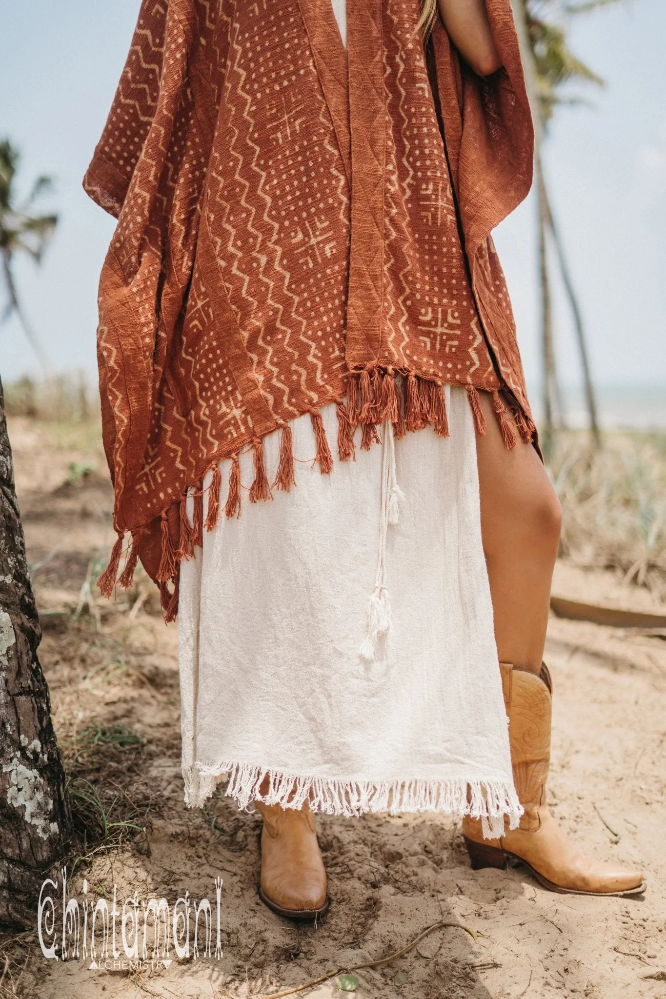 Blanket Poncho with Block Print for Women / Rust