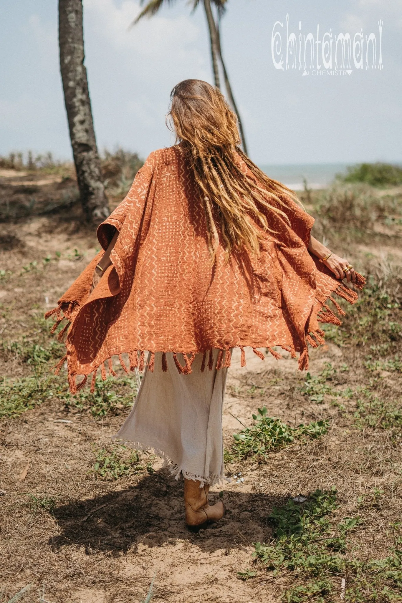 Blanket Poncho with Block Print for Women / Rust