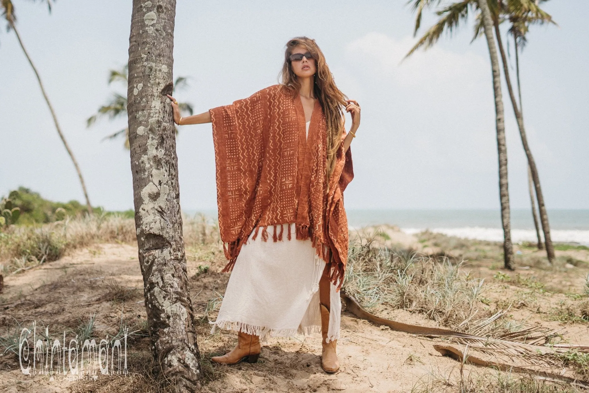 Blanket Poncho with Block Print for Women / Rust