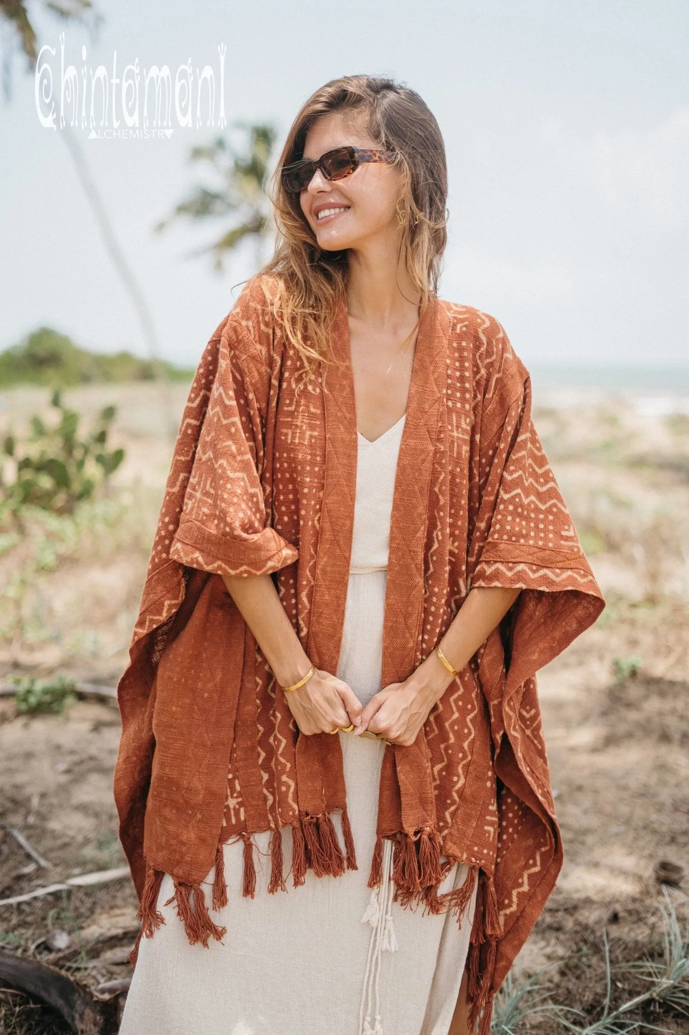 Blanket Poncho with Block Print for Women / Rust