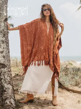 Blanket Poncho with Block Print for Women / Rust