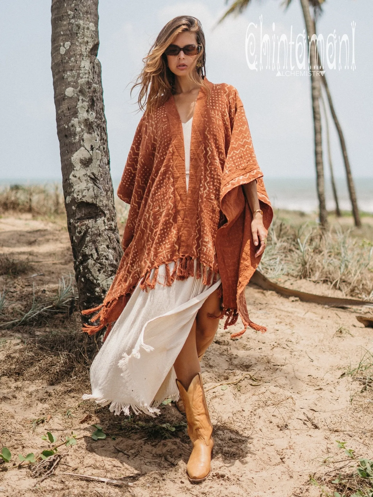 Blanket Poncho with Block Print for Women / Rust