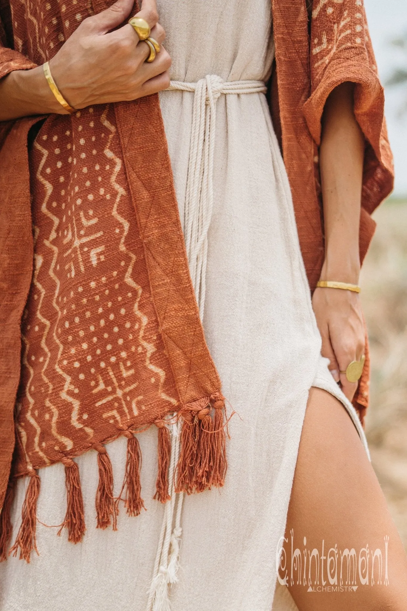 Blanket Poncho with Block Print for Women / Rust