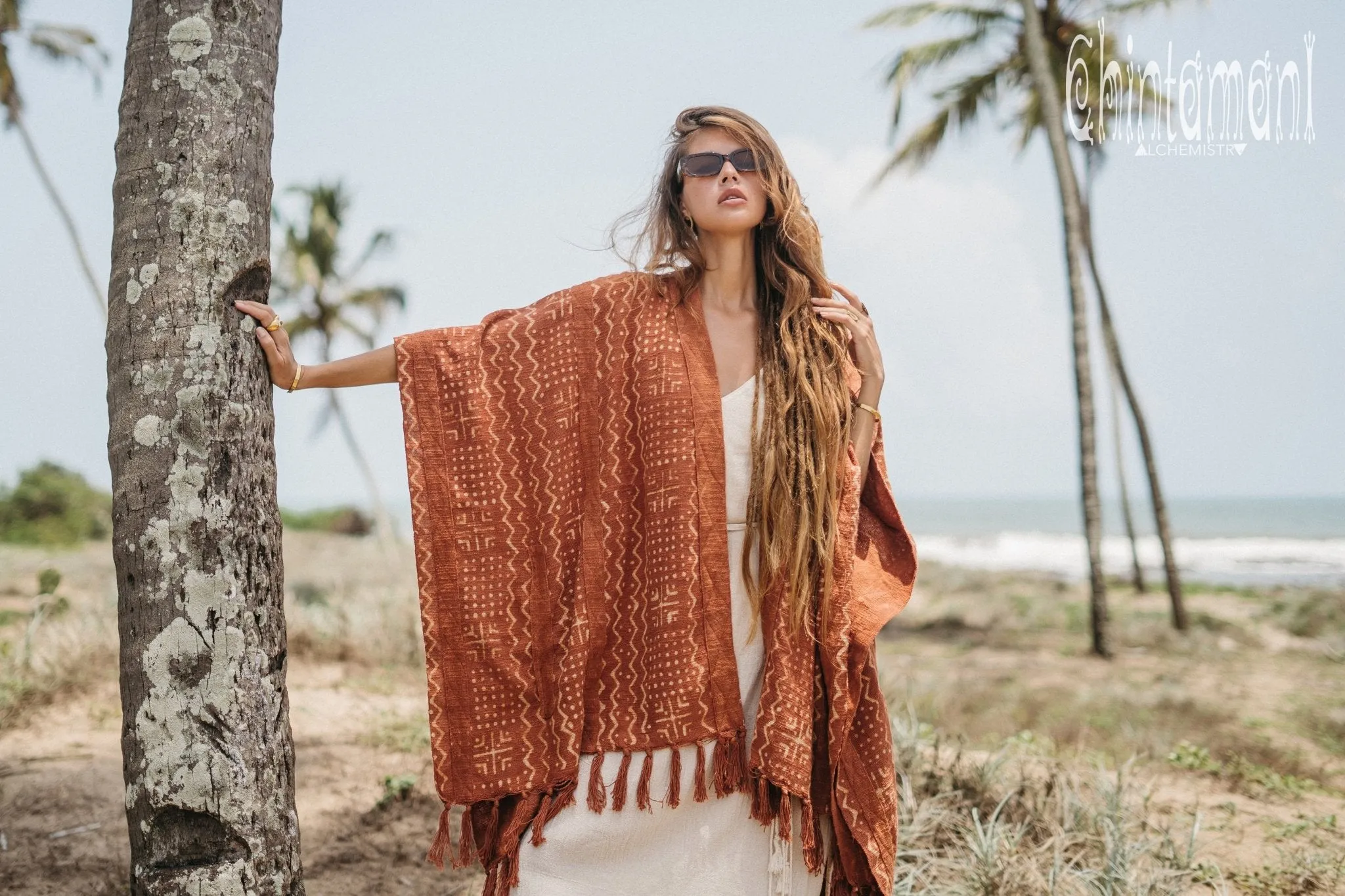 Blanket Poncho with Block Print for Women / Rust