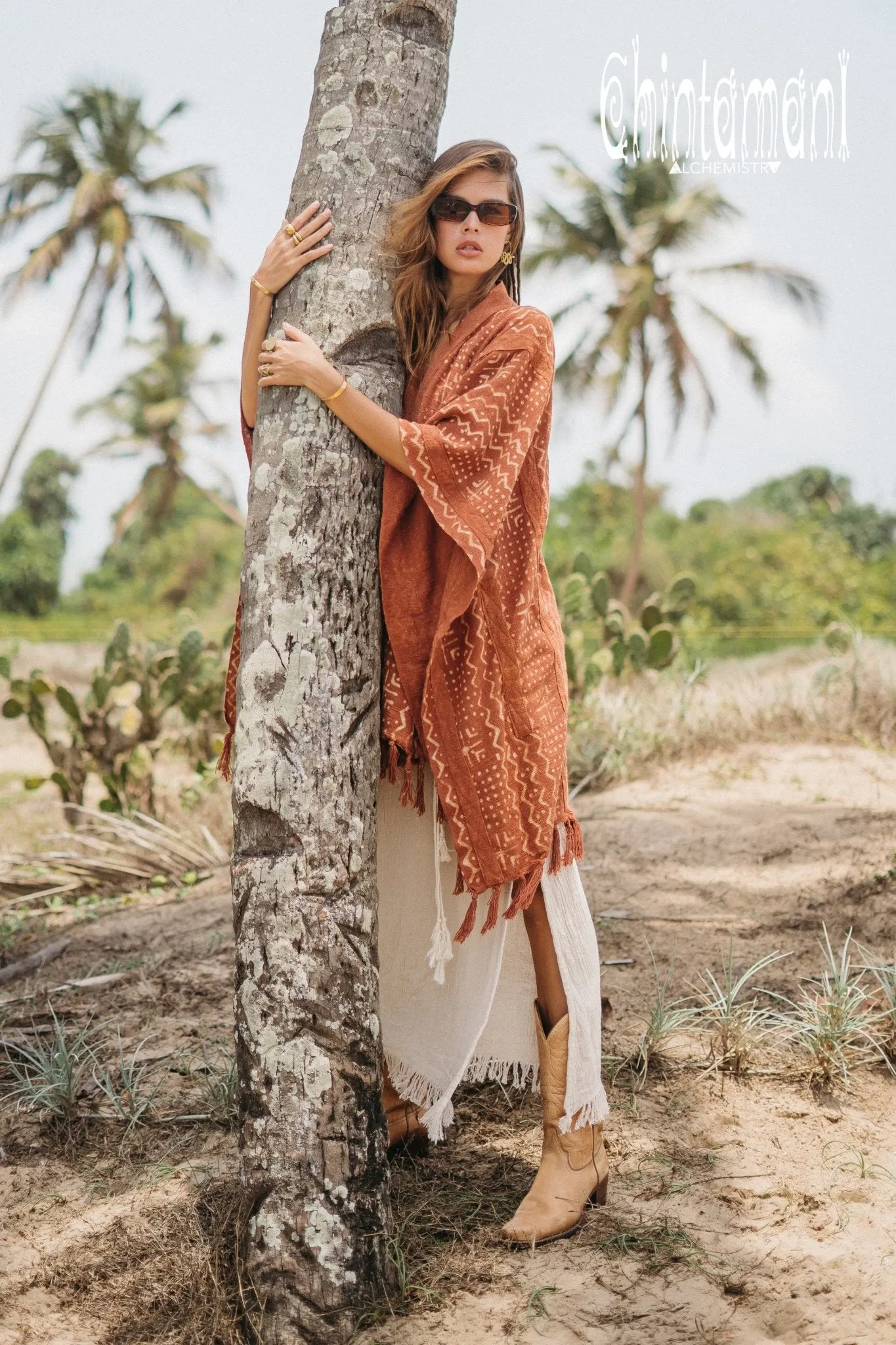 Blanket Poncho with Block Print for Women / Rust