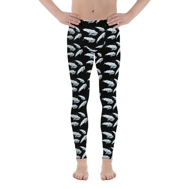 Blue Whale Men's Black Leggings, Black Best Whale Marine Fish Compression Tights-Made in USA/EU