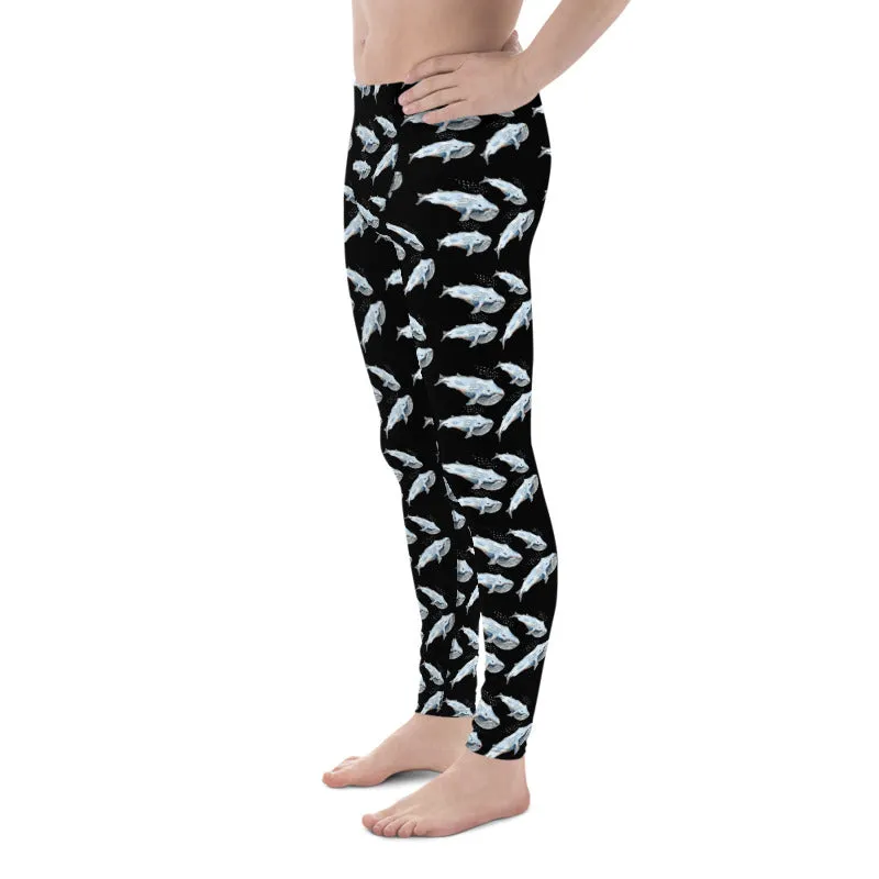 Blue Whale Men's Black Leggings, Black Best Whale Marine Fish Compression Tights-Made in USA/EU