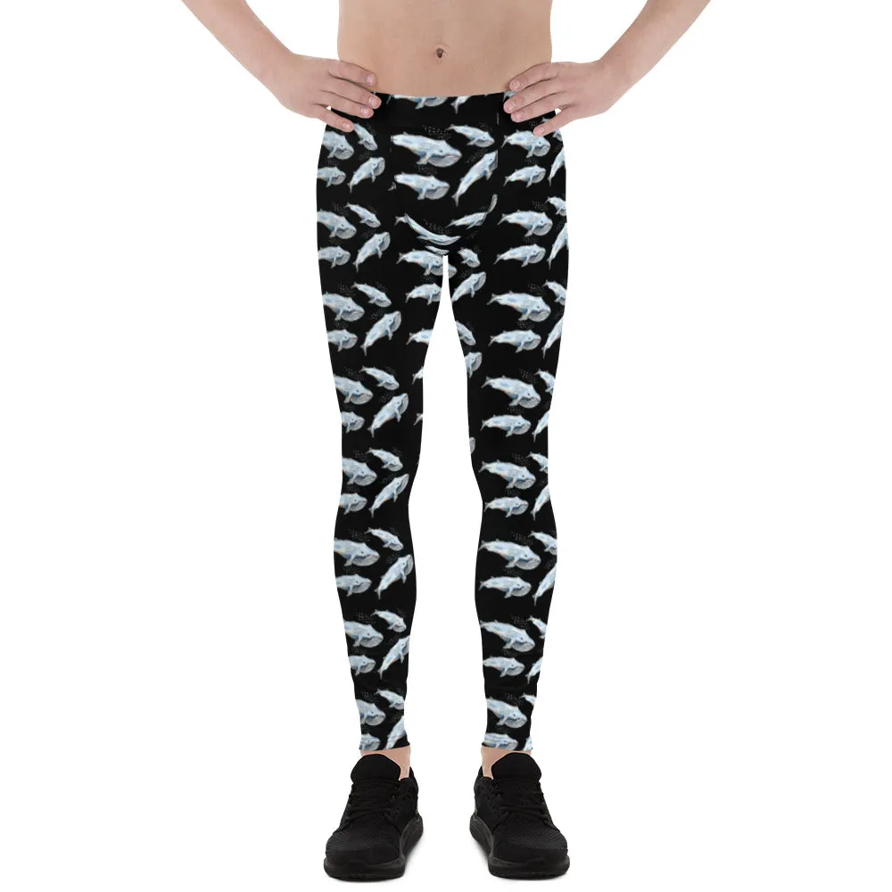 Blue Whale Men's Black Leggings, Black Best Whale Marine Fish Compression Tights-Made in USA/EU