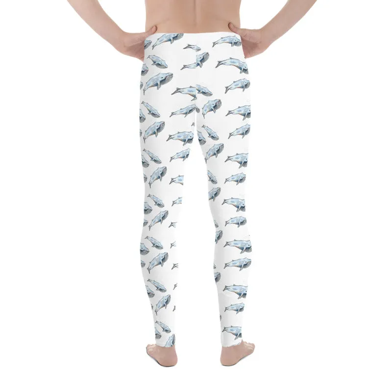 Blue Whale Men's White Leggings, Men's Watercolor Whale Run Compression Tights - Made in USA/EU