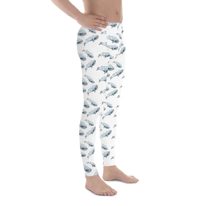 Blue Whale Men's White Leggings, Men's Watercolor Whale Run Compression Tights - Made in USA/EU