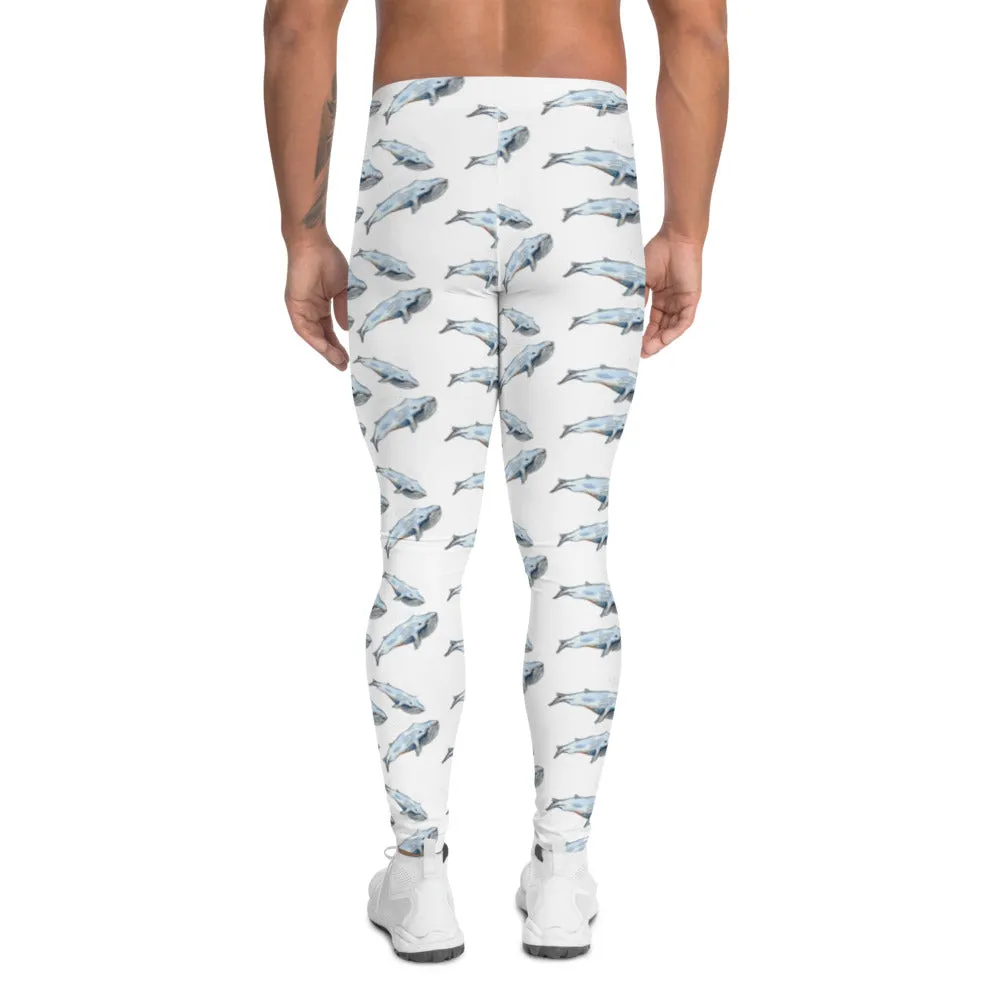 Blue Whale Men's White Leggings, Men's Watercolor Whale Run Compression Tights - Made in USA/EU