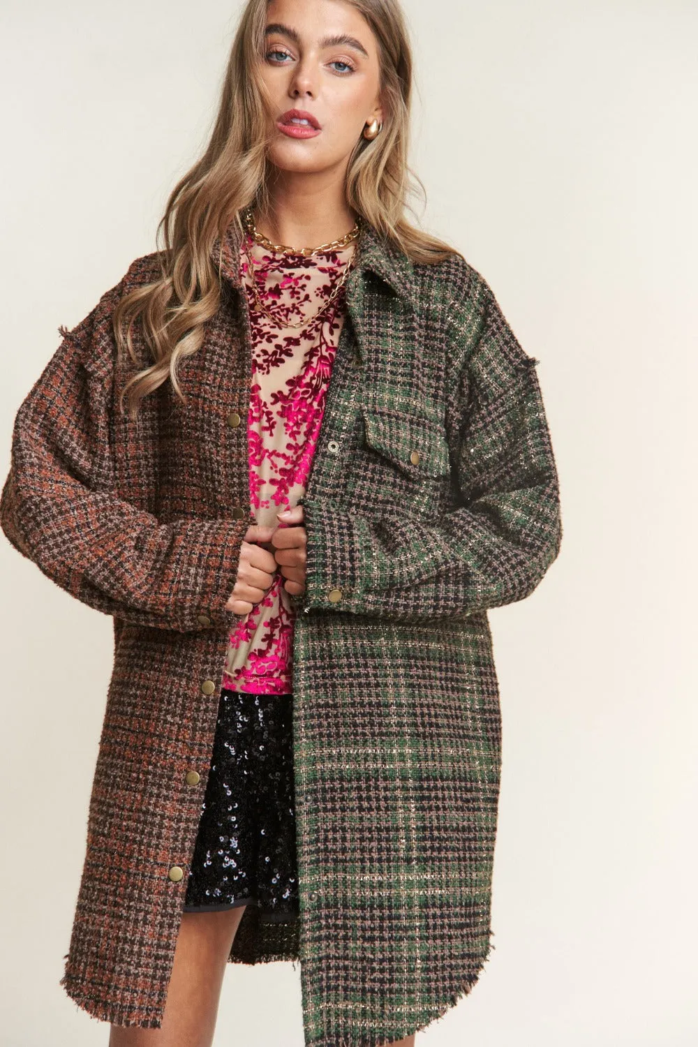 Bohemian Snap Down Tweed Plaid Contrast Longline Shacket