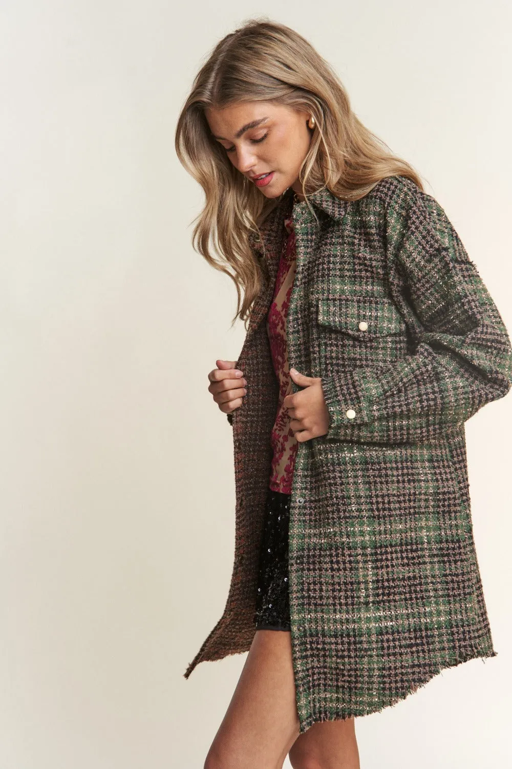 Bohemian Snap Down Tweed Plaid Contrast Longline Shacket