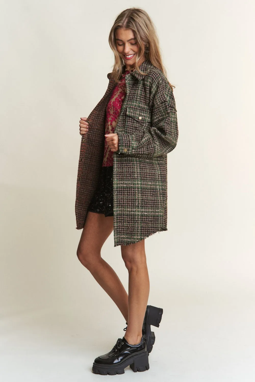 Bohemian Snap Down Tweed Plaid Contrast Longline Shacket