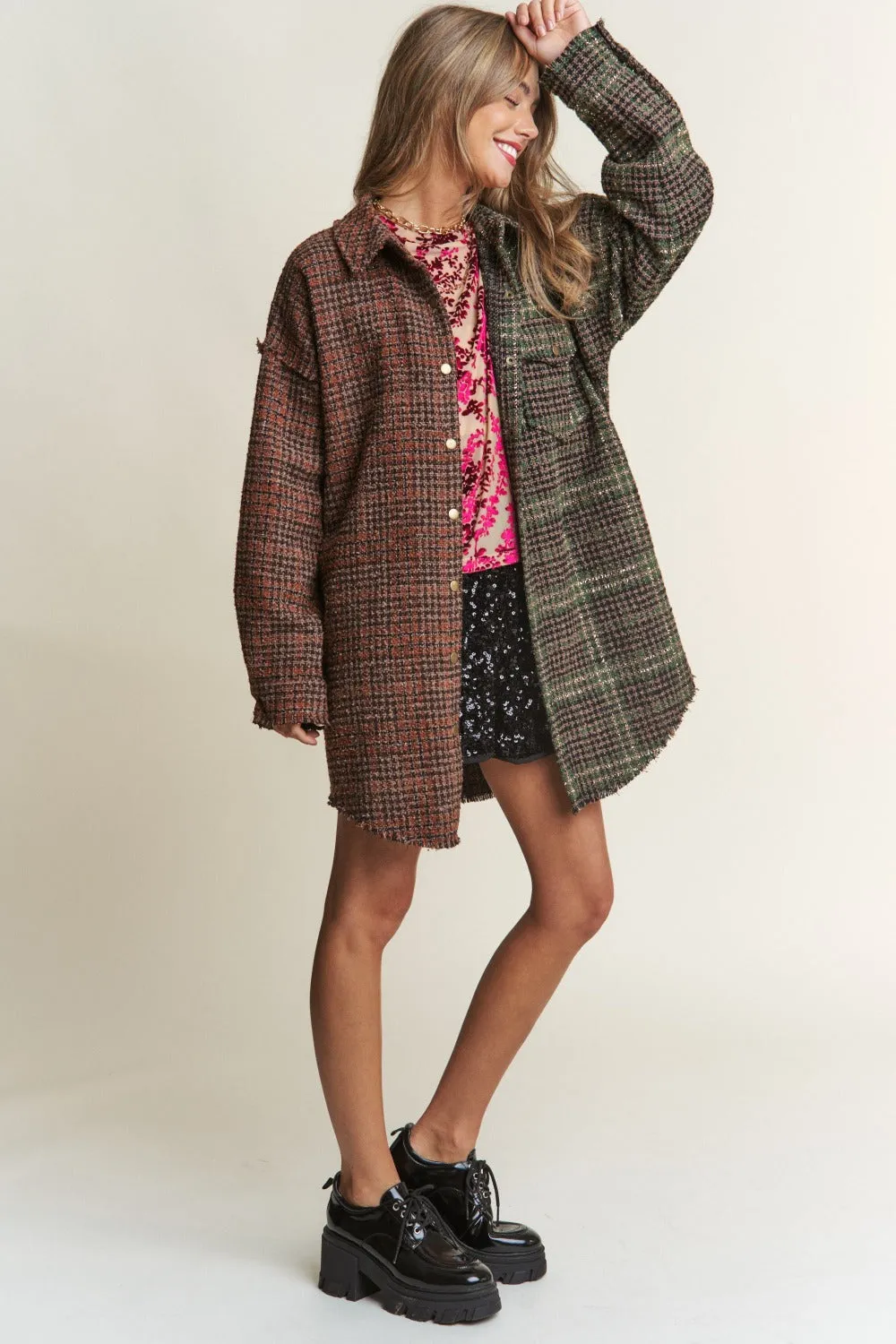 Bohemian Snap Down Tweed Plaid Contrast Longline Shacket