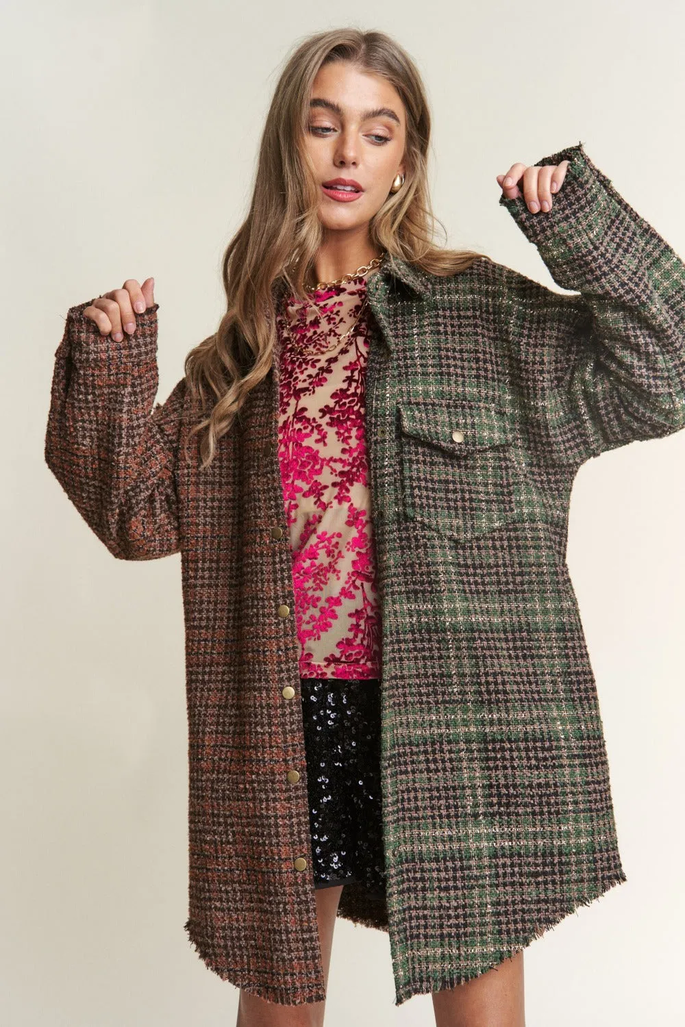 Bohemian Snap Down Tweed Plaid Contrast Longline Shacket