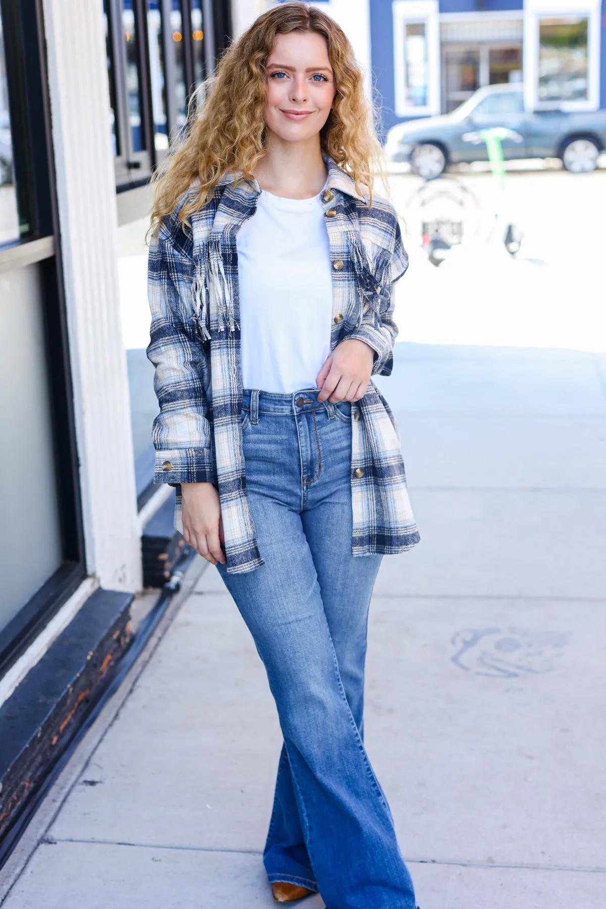 Boldly You Navy Plaid Fringe Button Down Shacket