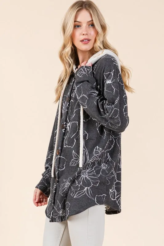 BOMBOM USA Shacket Floral Ribbed Hooded Women Long Sleeve Outwear