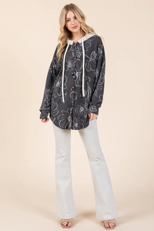 BOMBOM USA Shacket Floral Ribbed Hooded Women Long Sleeve Outwear