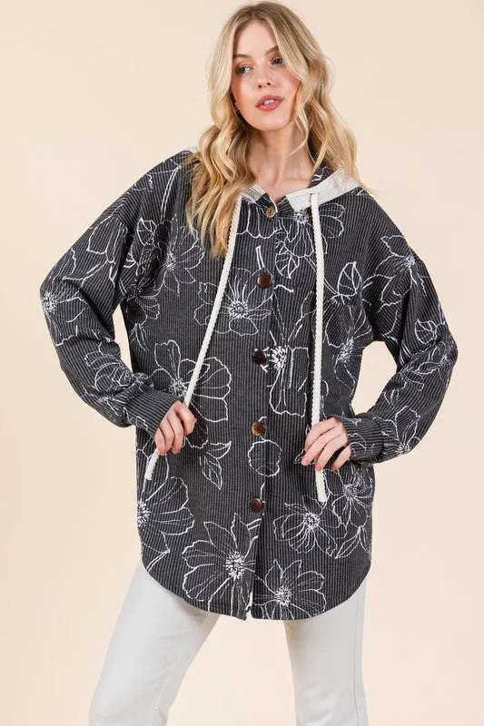 BOMBOM USA Shacket Floral Ribbed Hooded Women Long Sleeve Outwear