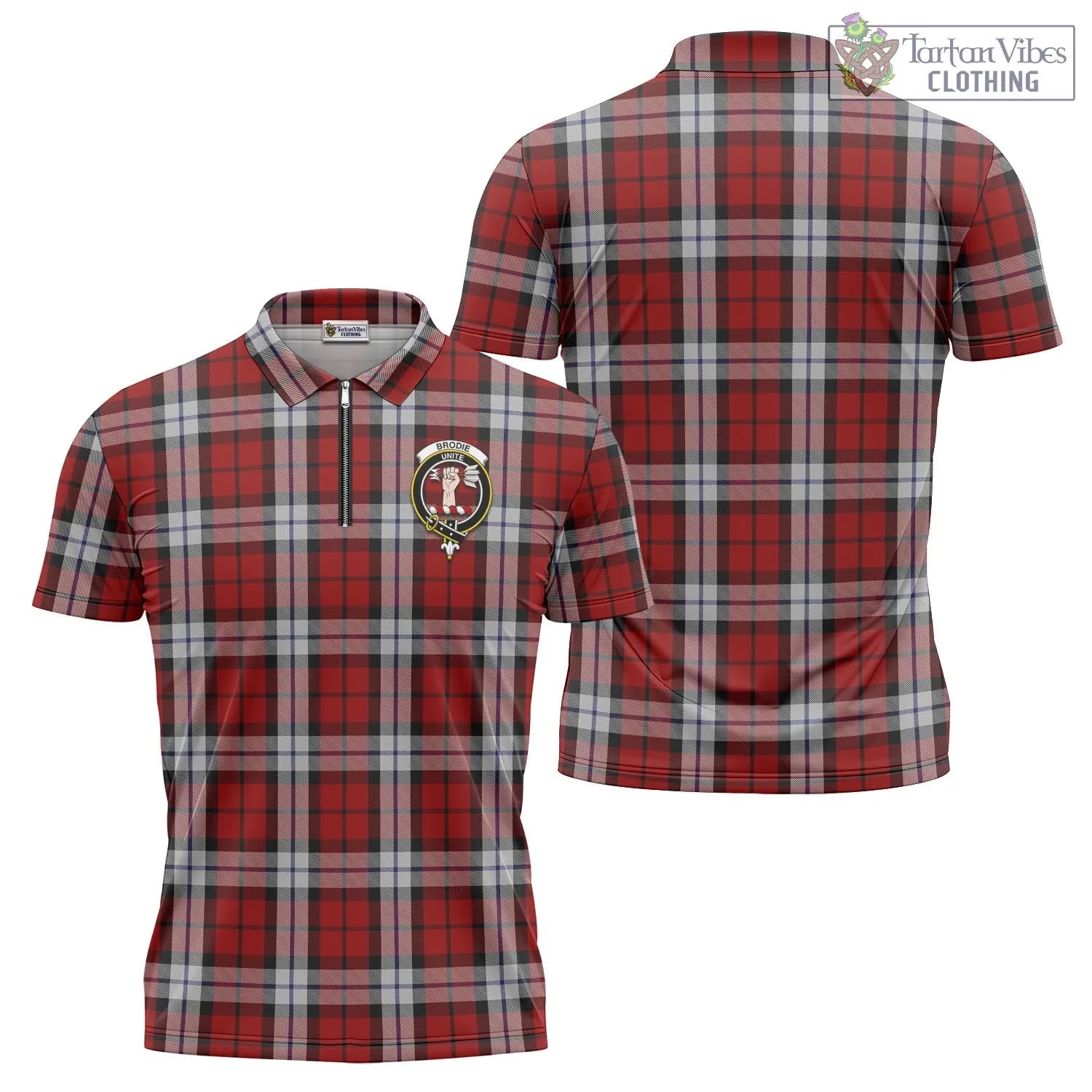 Brodie Dress Tartan Zipper Polo Shirt with Family Crest