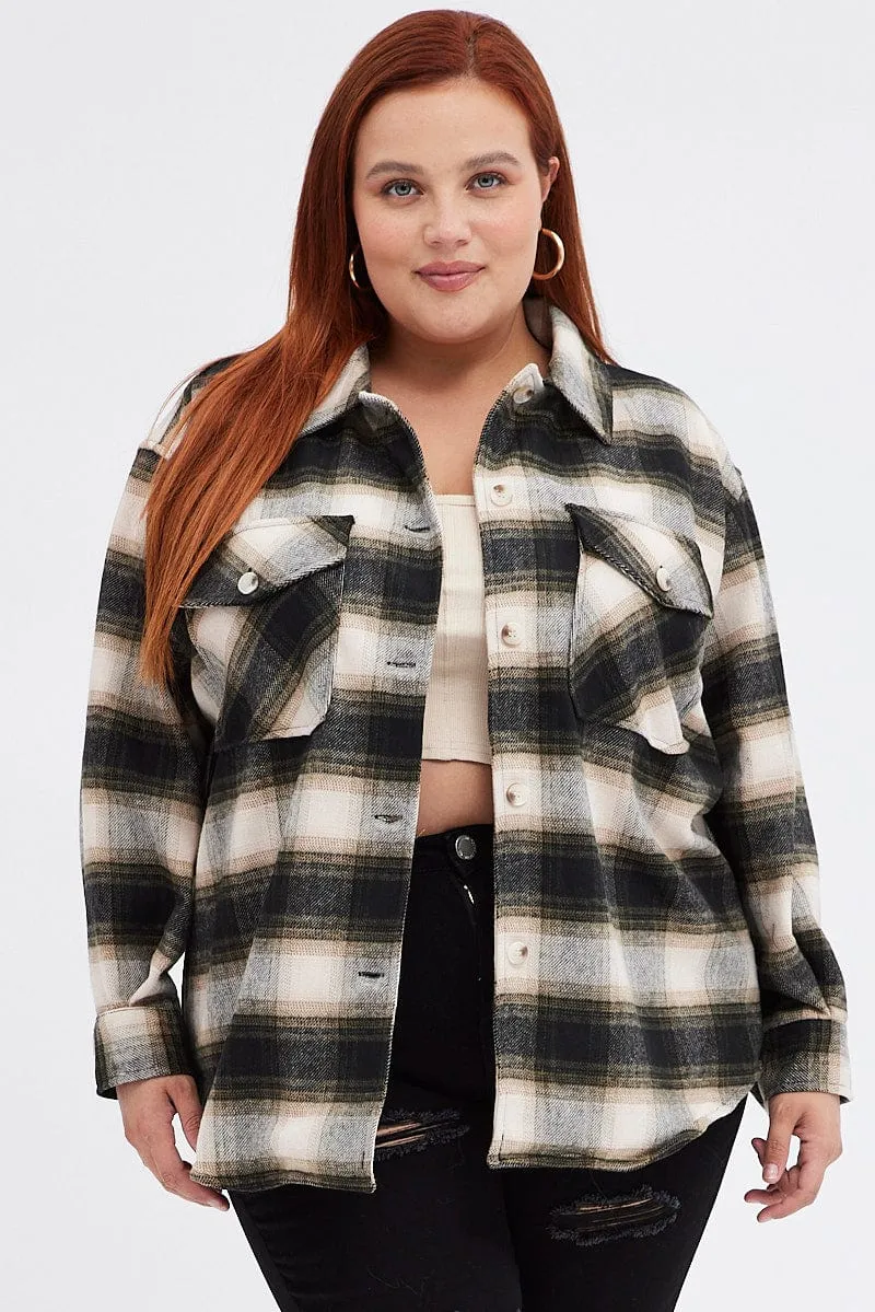 Brown Check Plaid Shacket Country Long Sleeve