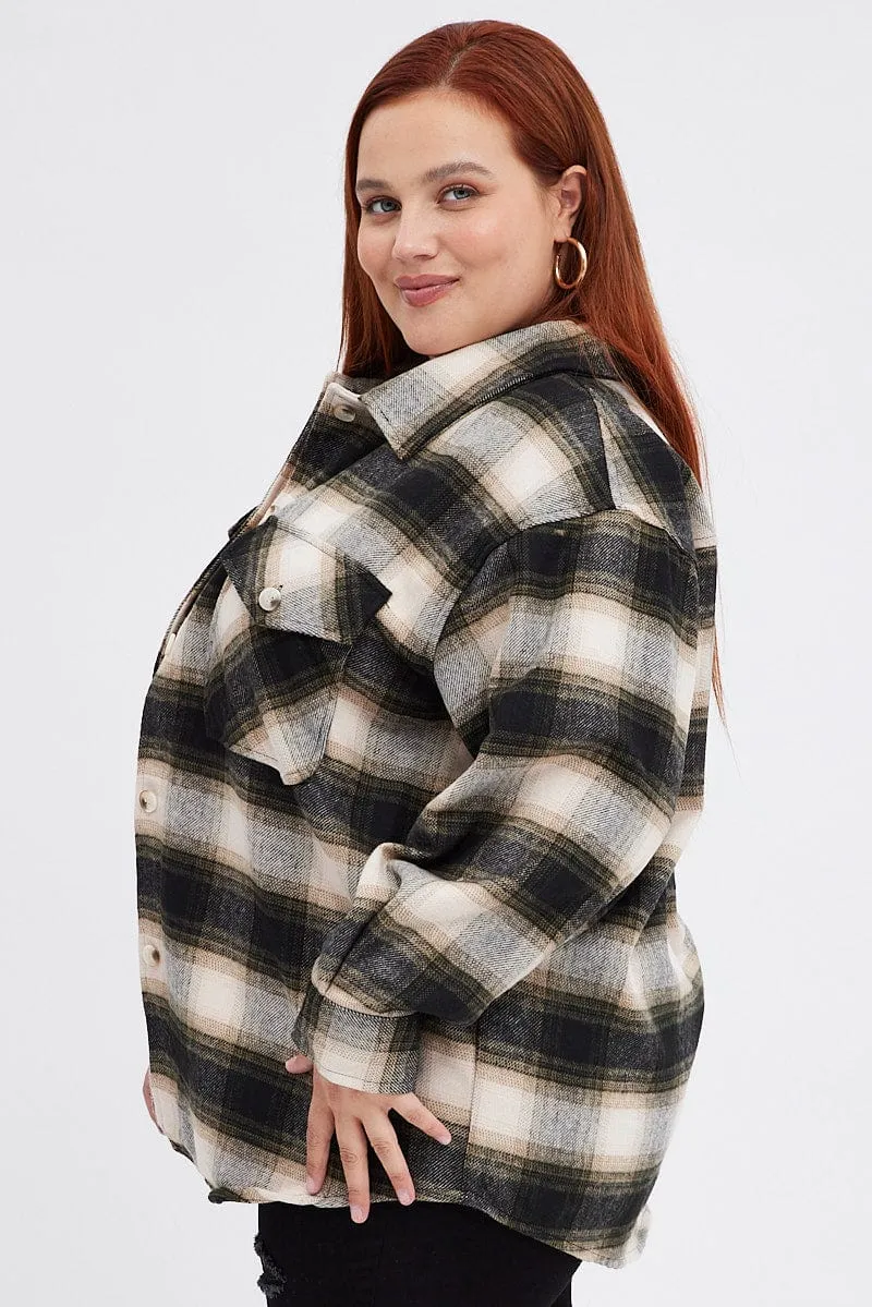 Brown Check Plaid Shacket Country Long Sleeve