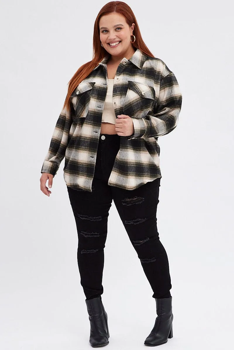 Brown Check Plaid Shacket Country Long Sleeve