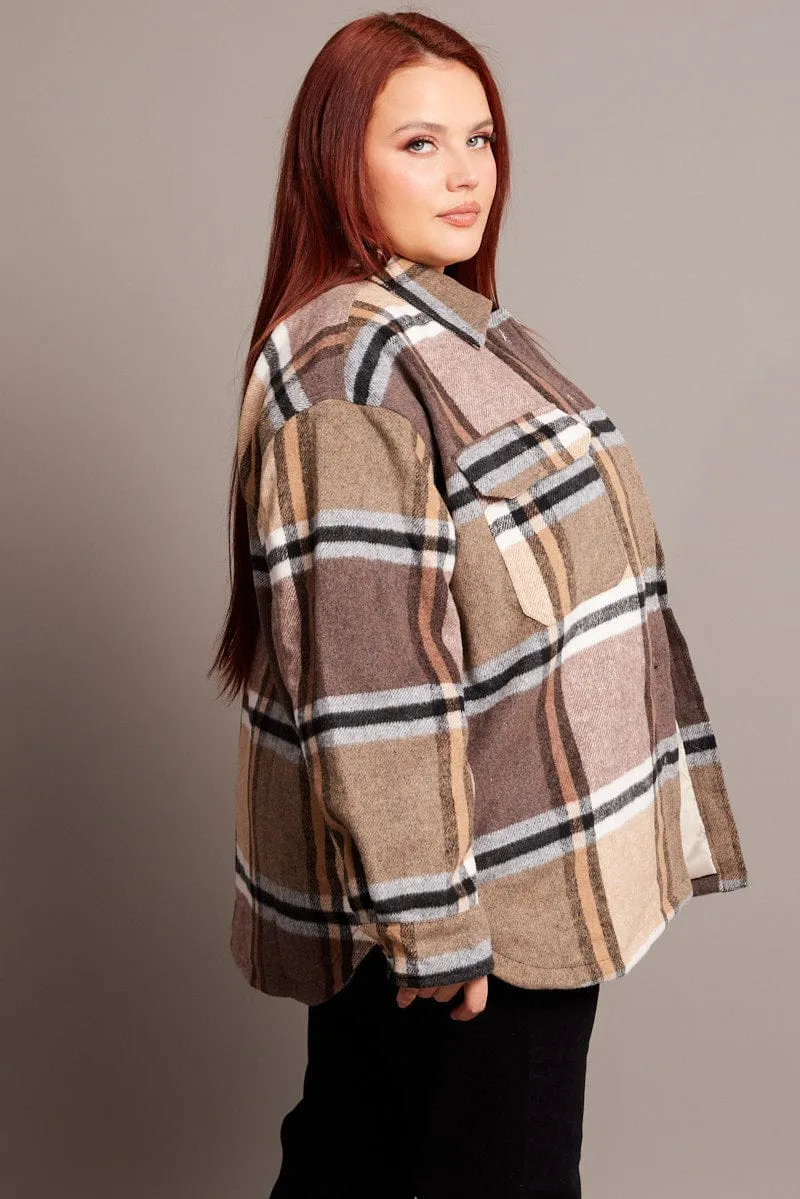 Brown Check Shacket Long Sleeve Lined