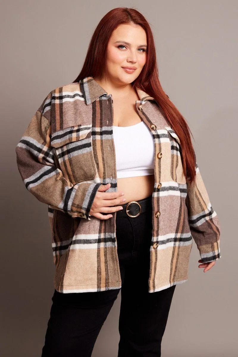 Brown Check Shacket Long Sleeve Lined