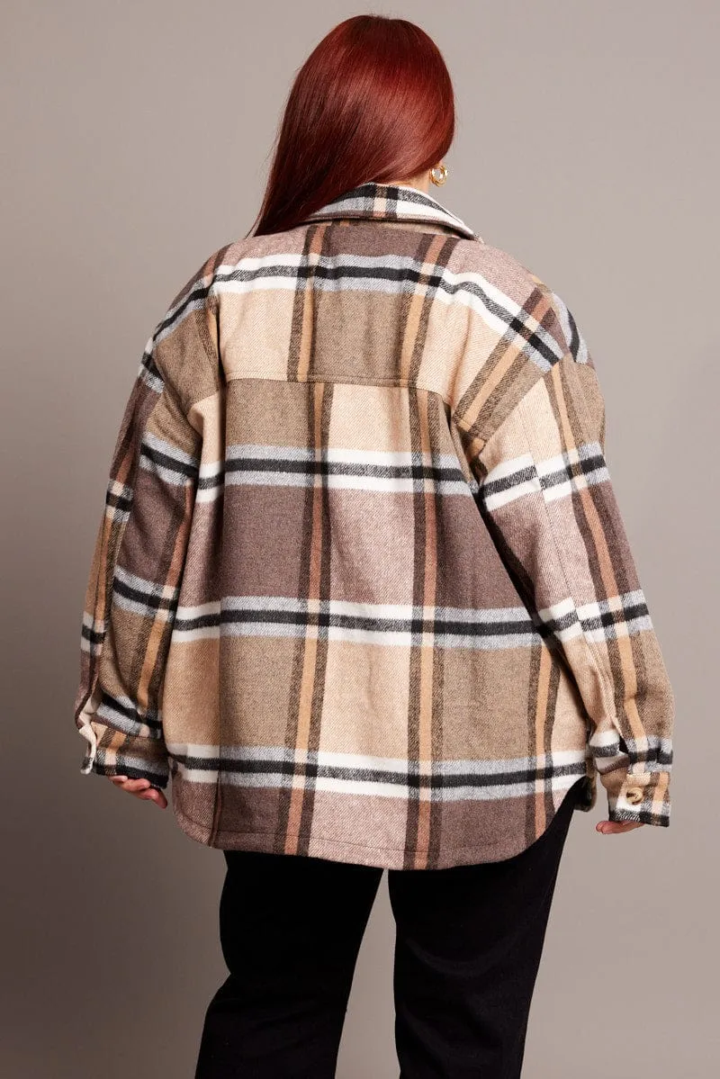 Brown Check Shacket Long Sleeve Lined