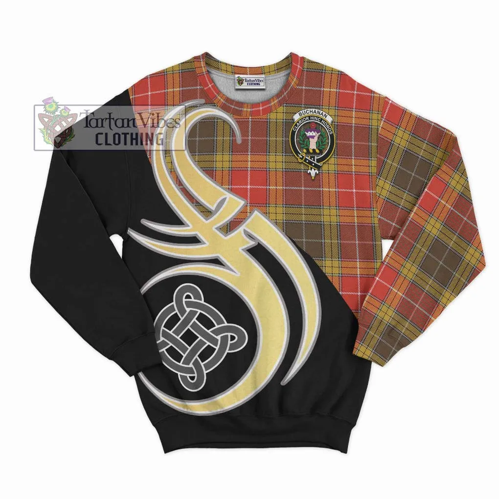 Buchanan Old Set Weathered Tartan Sweatshirt with Family Crest and Celtic Symbol Style