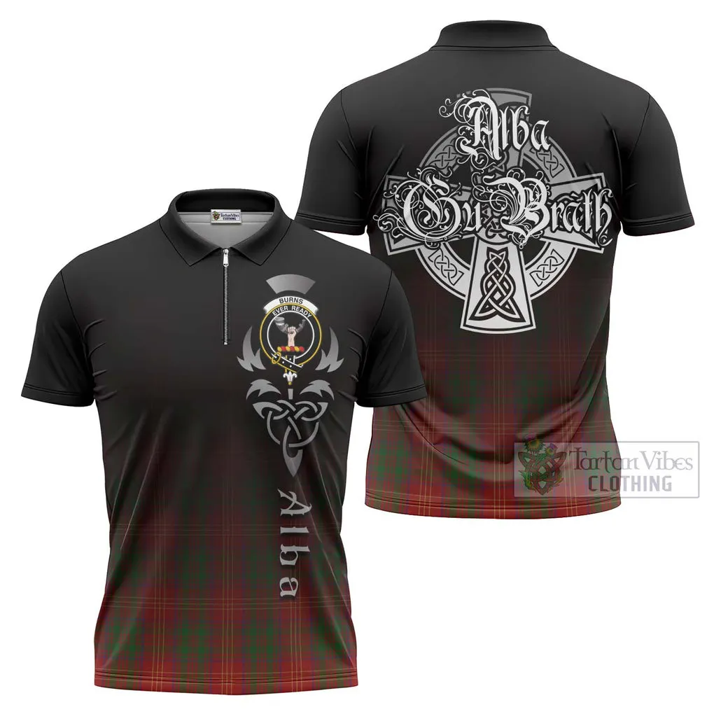 Burns Tartan Zipper Polo Shirt Featuring Alba Gu Brath Family Crest Celtic Inspired