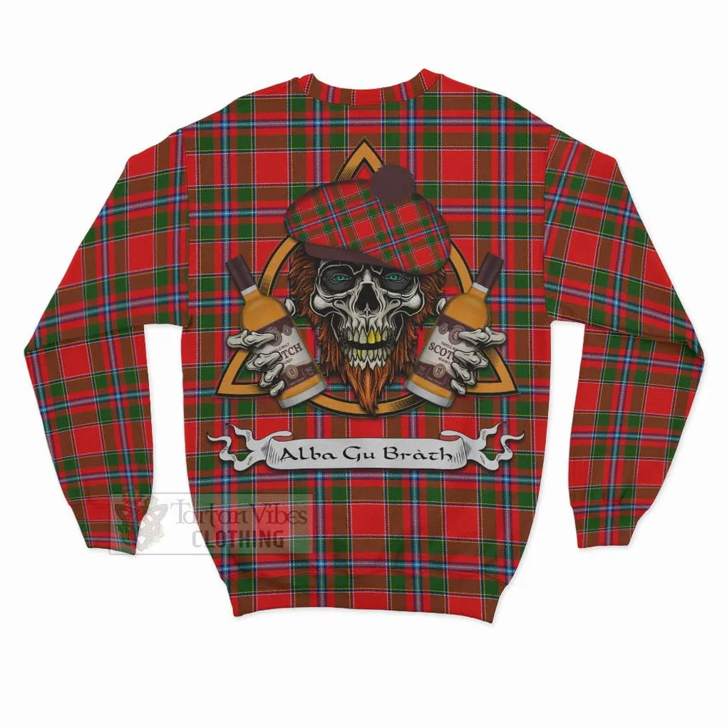 Butter Tartan Sweatshirt with Family Crest and Bearded Skull Holding Bottles of Whiskey