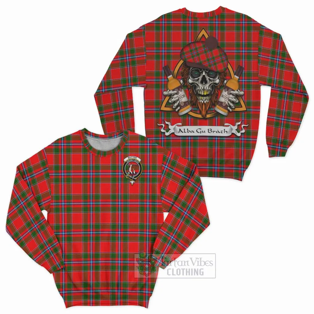 Butter Tartan Sweatshirt with Family Crest and Bearded Skull Holding Bottles of Whiskey