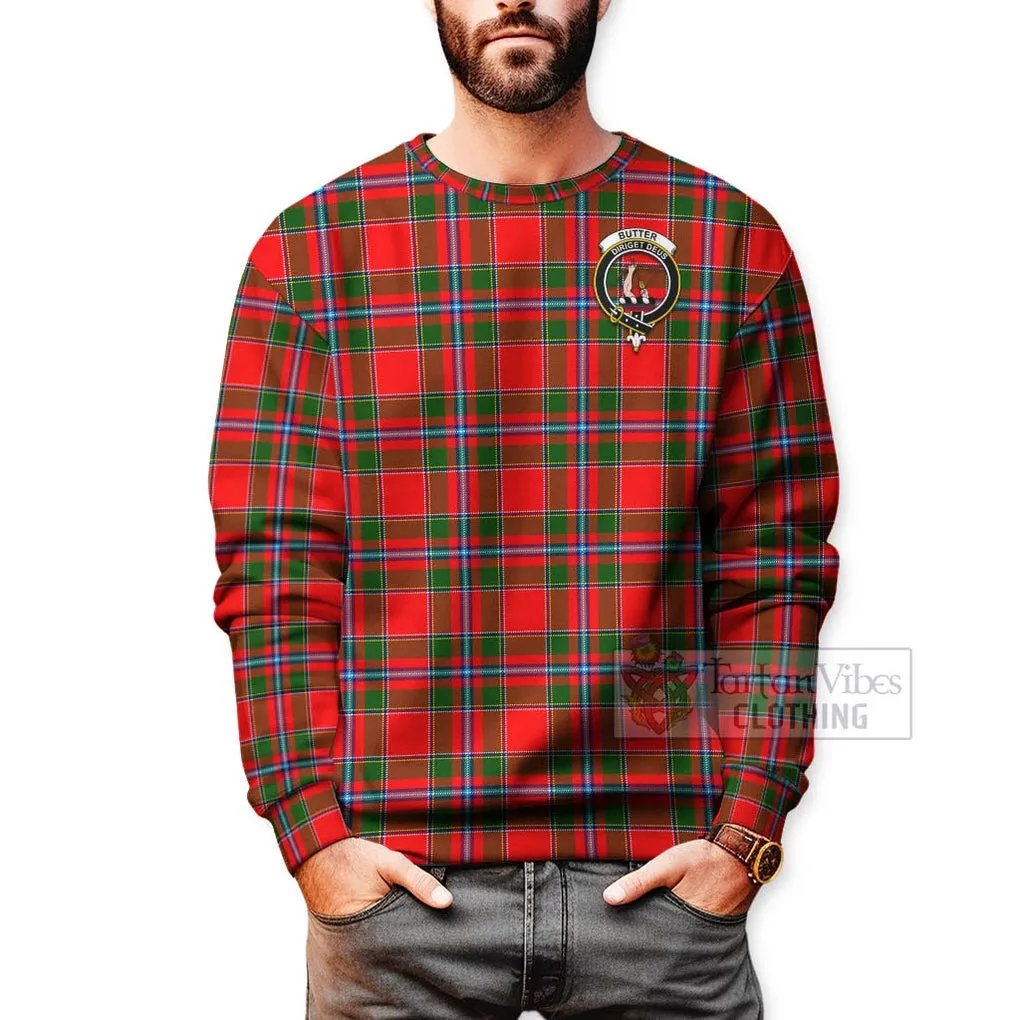 Butter Tartan Sweatshirt with Family Crest and Bearded Skull Holding Bottles of Whiskey