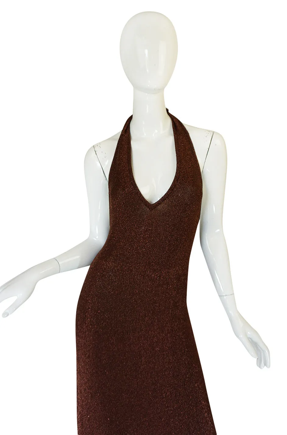 c1973 Copper Lame Lurex Plunging Halter Halston Dress