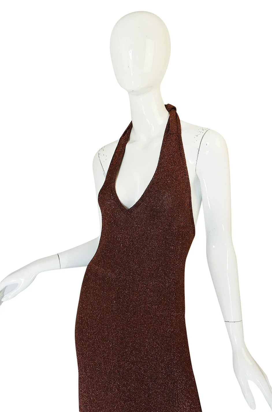 c1973 Copper Lame Lurex Plunging Halter Halston Dress